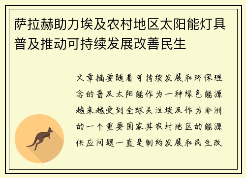 萨拉赫助力埃及农村地区太阳能灯具普及推动可持续发展改善民生